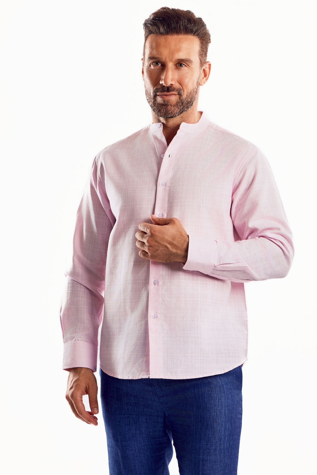 Men's Linen Blend Mandarin Collar Long Sleeve Shirt