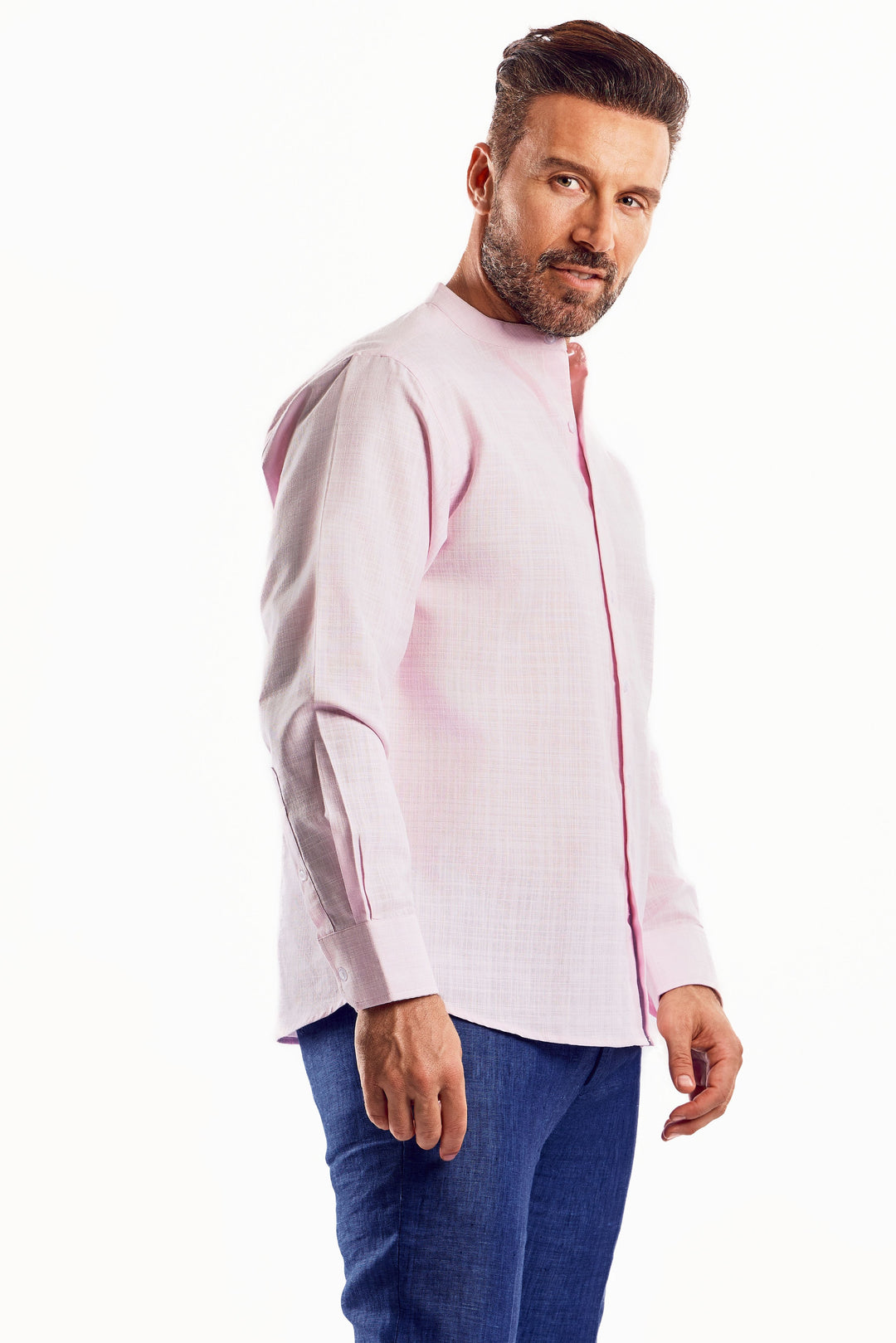 Men's Linen Blend Mandarin Collar Long Sleeve Shirt