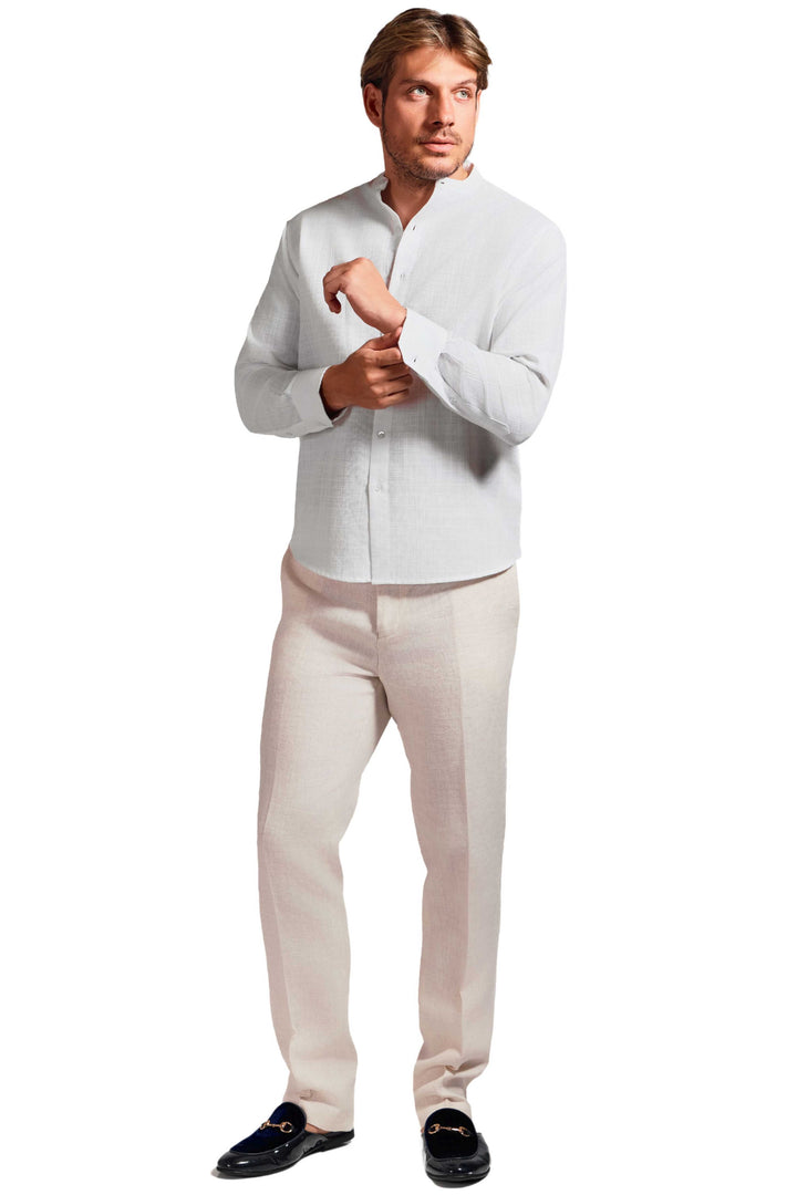 Men's Linen Blend Mandarin Collar Long Sleeve Shirt