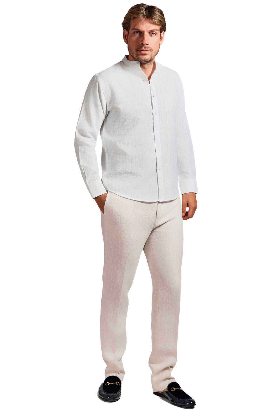 Men's Linen Blend Mandarin Collar Long Sleeve Shirt