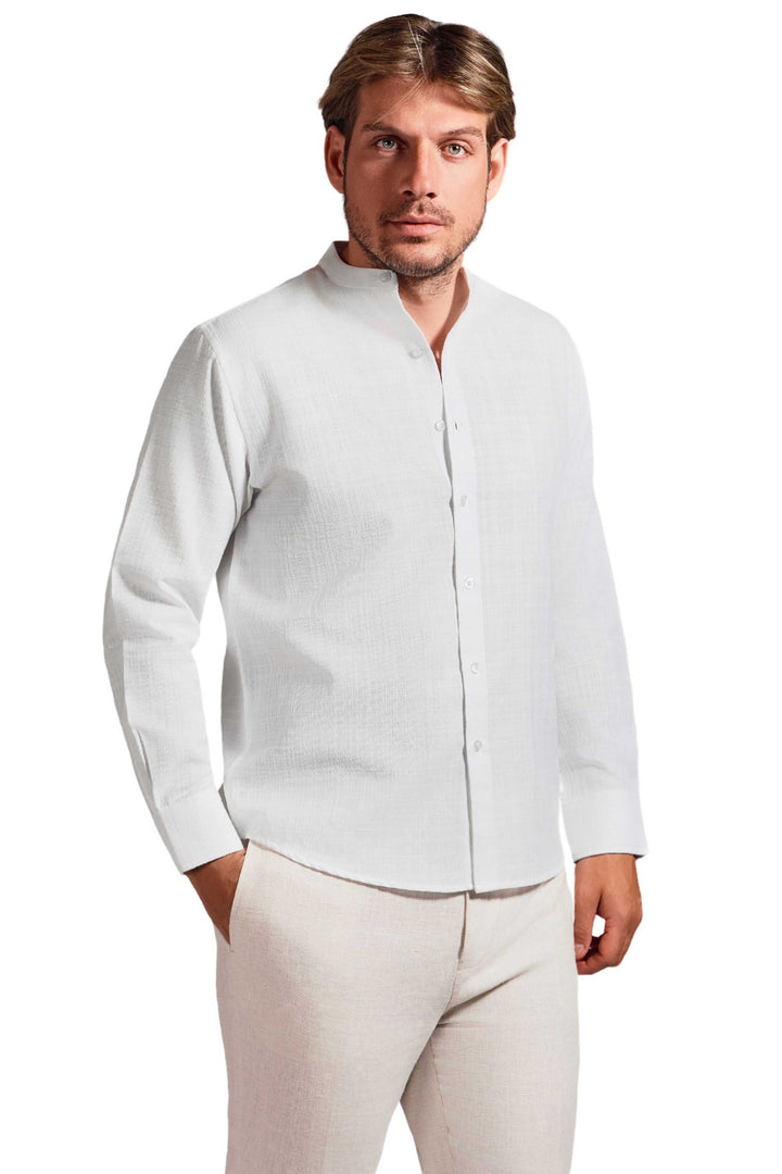 Men's Linen Blend Mandarin Collar Long Sleeve Shirt