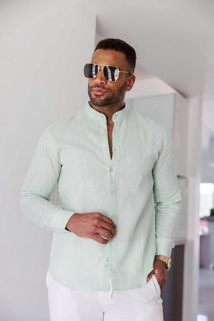Men's 100% Linen Mandarin Collar Long Sleeve Shirt - Especially Yours