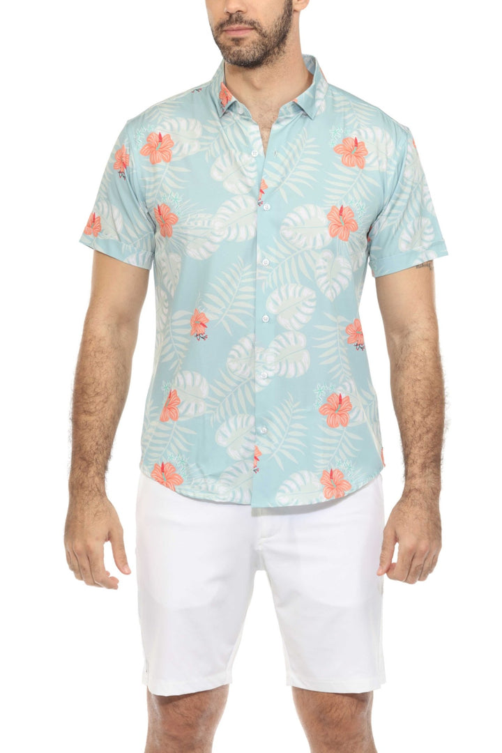 Men’s Aqua Floral Short Sleeve Stretch Shirt - Especially Yours