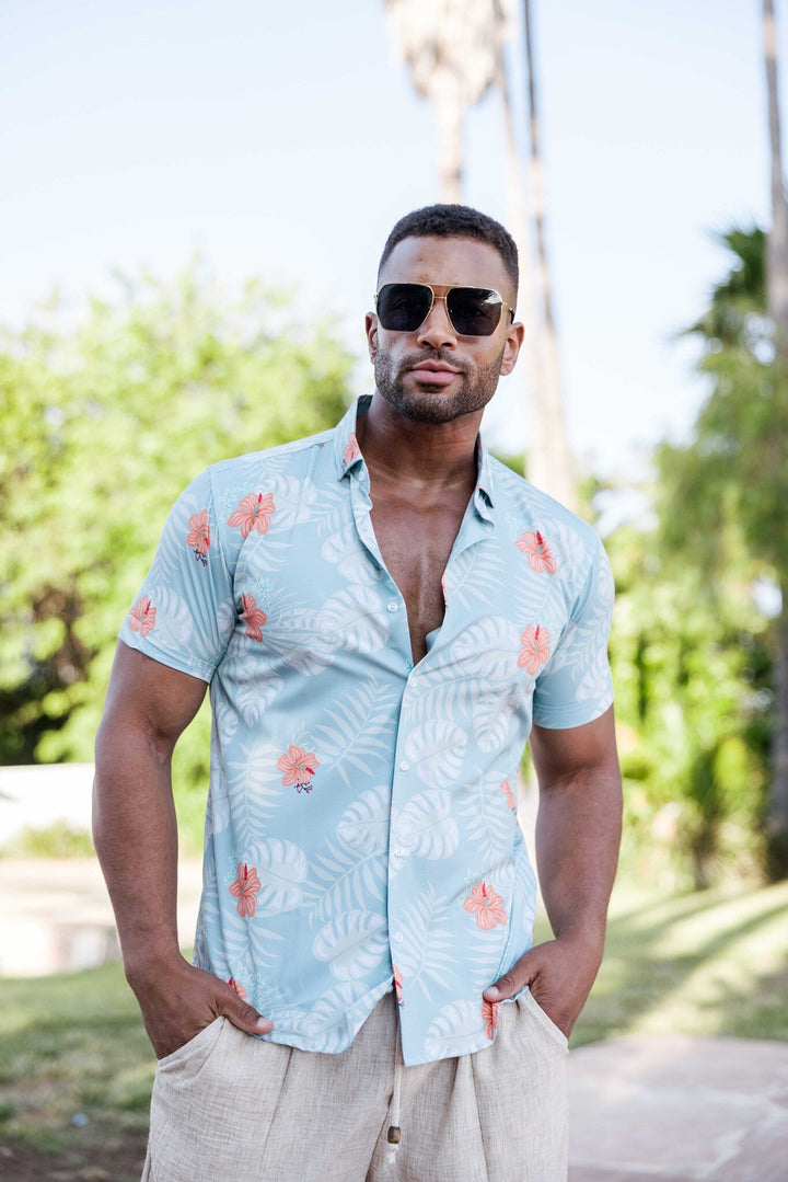 Men’s Aqua Floral Short Sleeve Stretch Shirt - Especially Yours