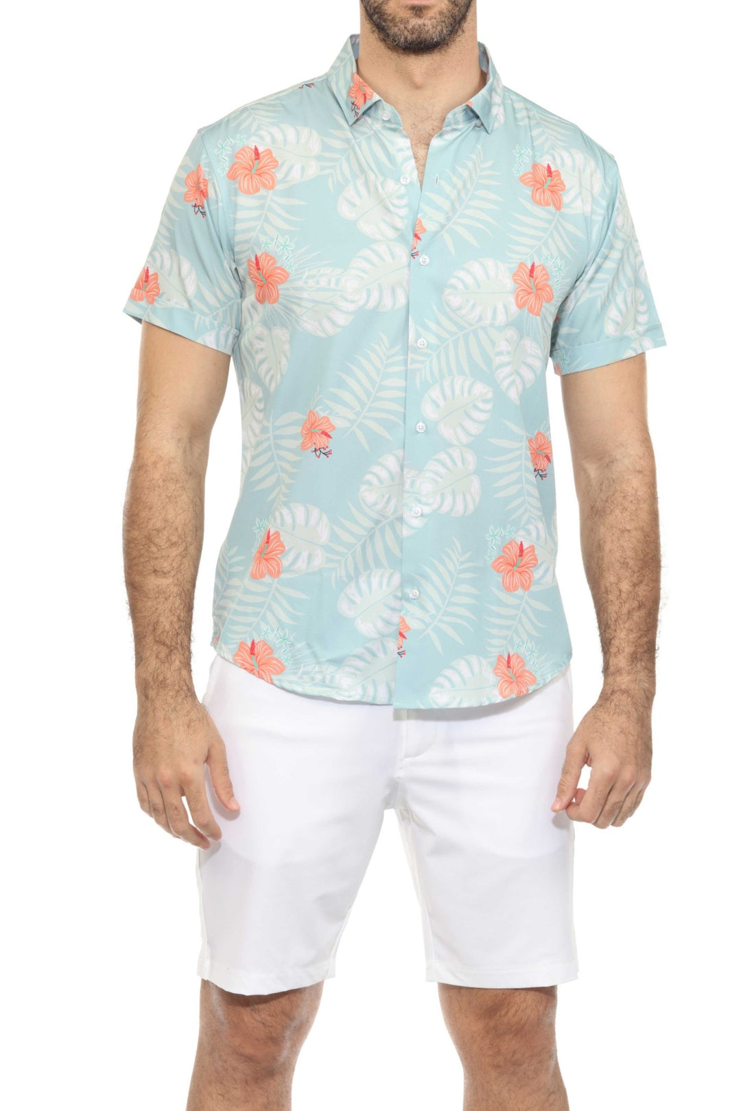 Men’s Aqua Floral Short Sleeve Stretch Shirt - Especially Yours