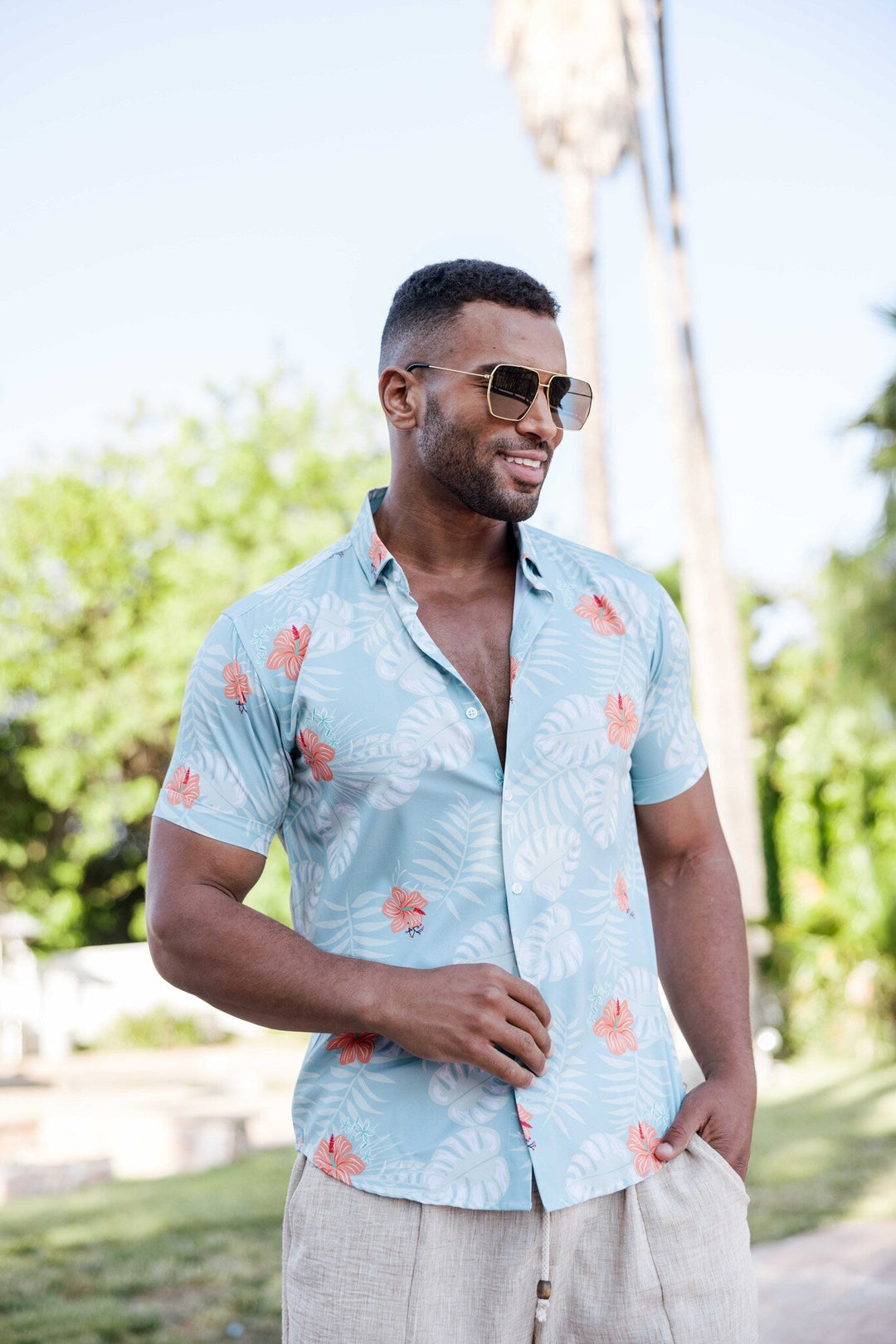 Men’s Aqua Floral Short Sleeve Stretch Shirt - Especially Yours