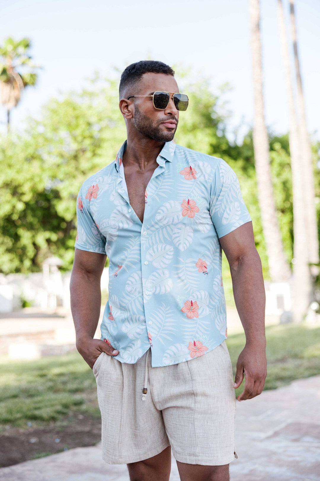 Men’s Aqua Floral Short Sleeve Stretch Shirt - Especially Yours
