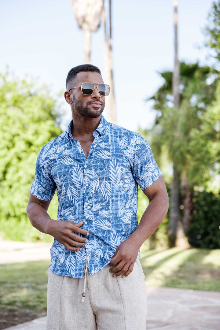 Men’s Blue Leaf Short Sleeve Stretch Shirt - Especially Yours