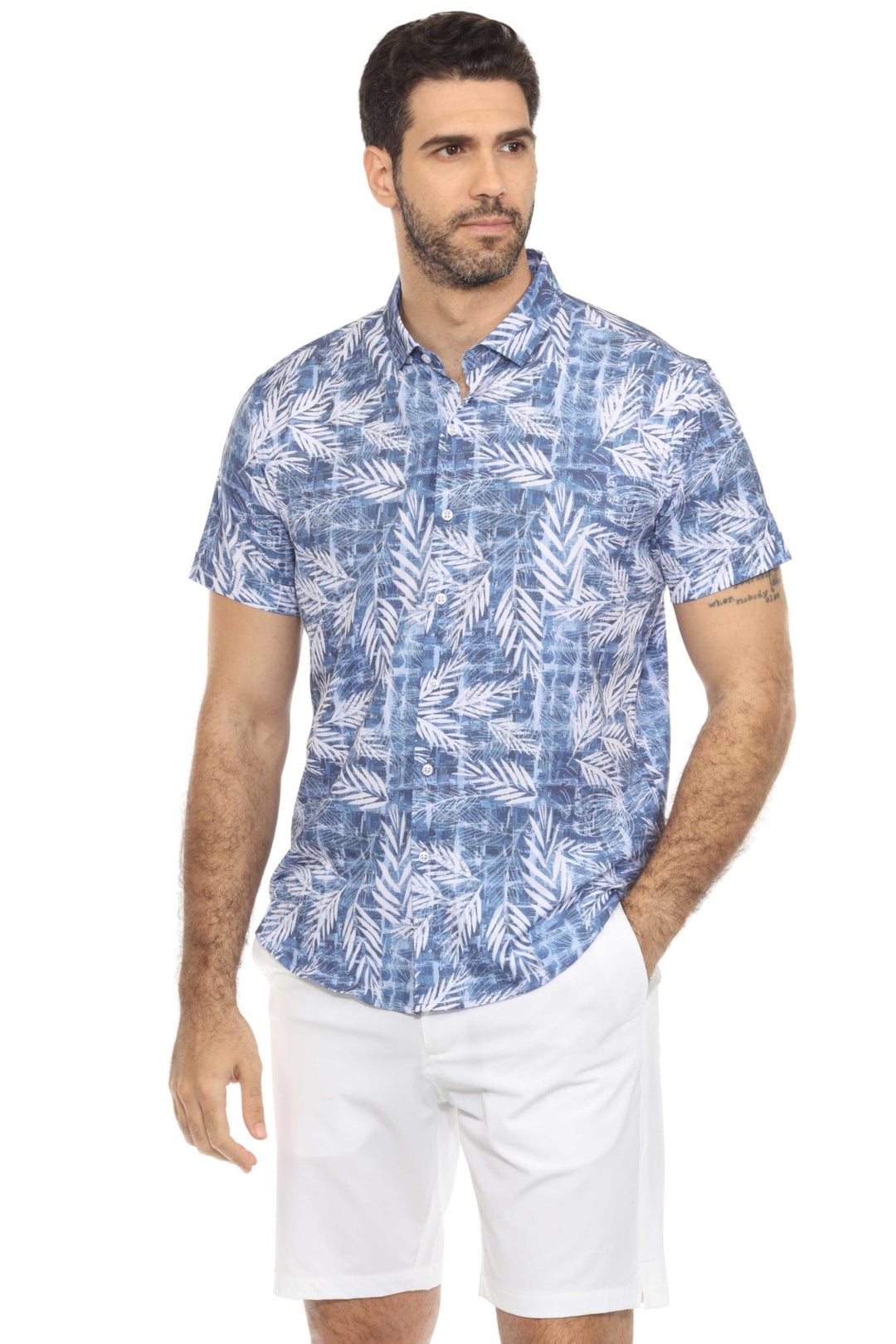 Men’s Blue Leaf Short Sleeve Stretch Shirt - Especially Yours