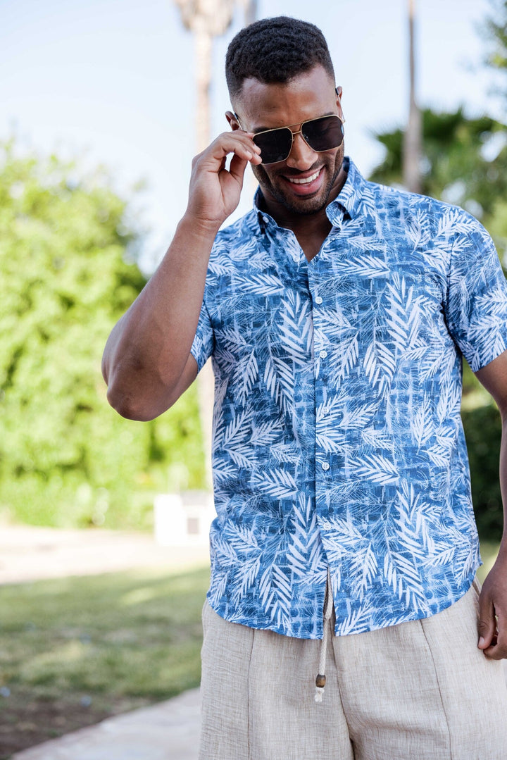 Men’s Blue Leaf Short Sleeve Stretch Shirt - Especially Yours