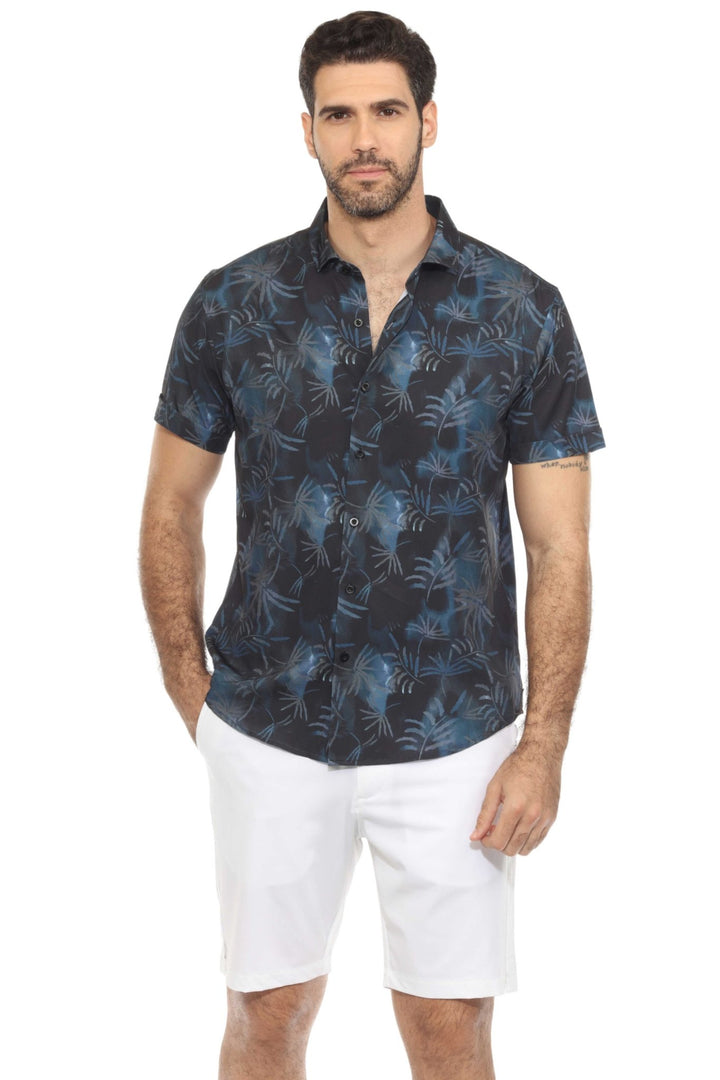 Men’s Navy Palm Short Sleeve Stretch Shirt - Especially Yours