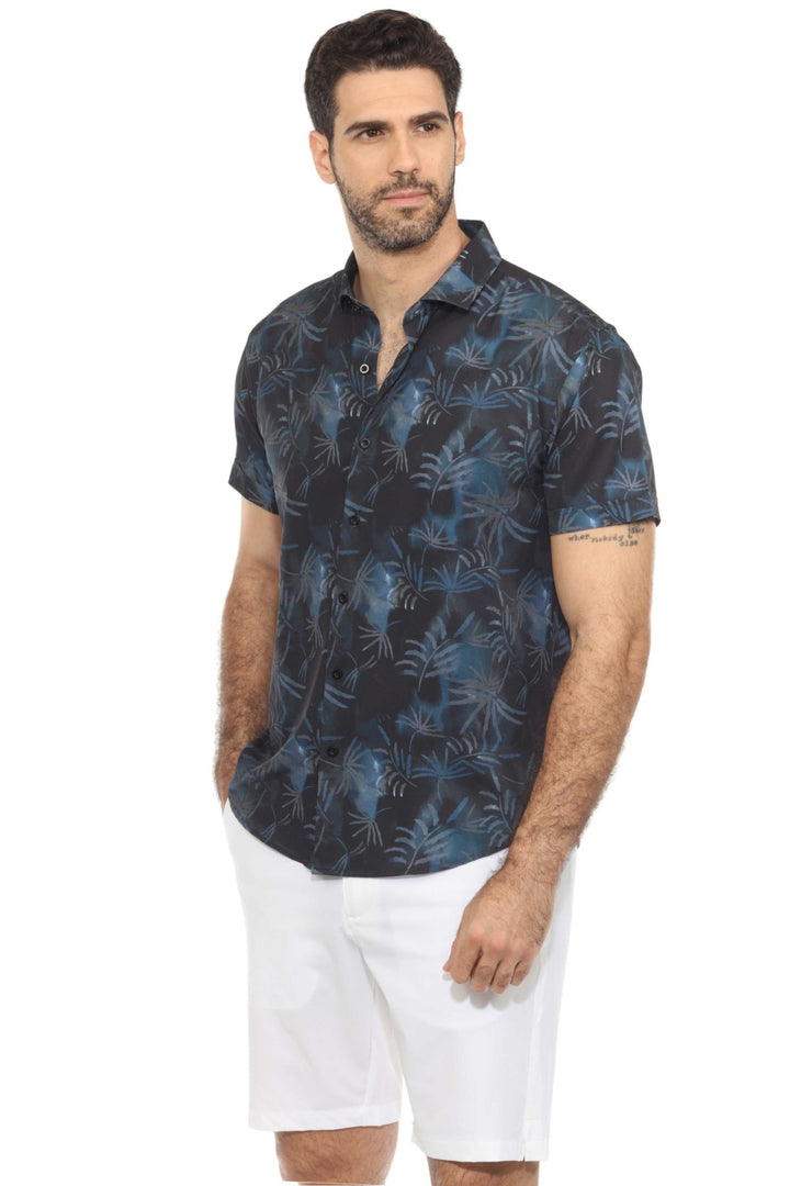Men’s Navy Palm Short Sleeve Stretch Shirt - Especially Yours