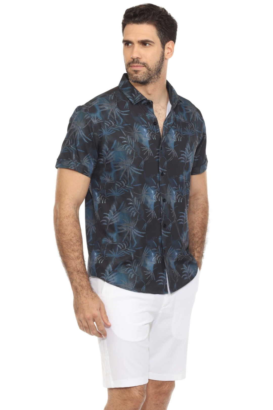 Men’s Navy Palm Short Sleeve Stretch Shirt - Especially Yours