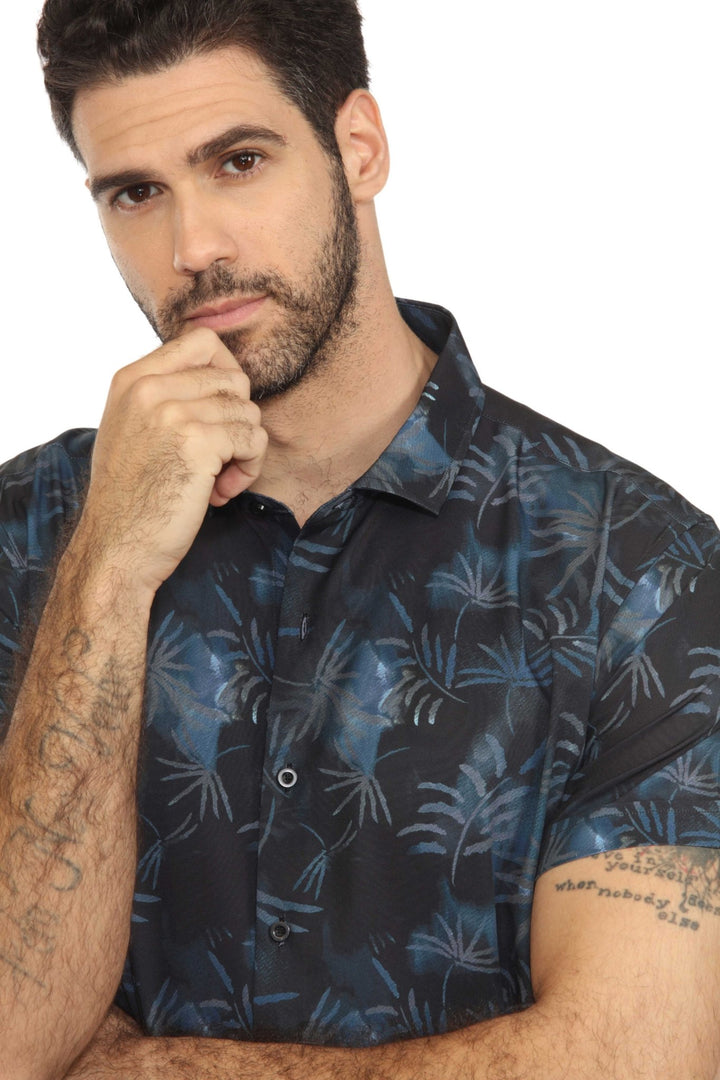 Men’s Navy Palm Short Sleeve Stretch Shirt - Especially Yours