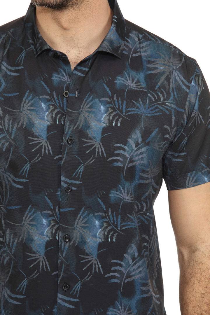 Men’s Navy Palm Short Sleeve Stretch Shirt - Especially Yours