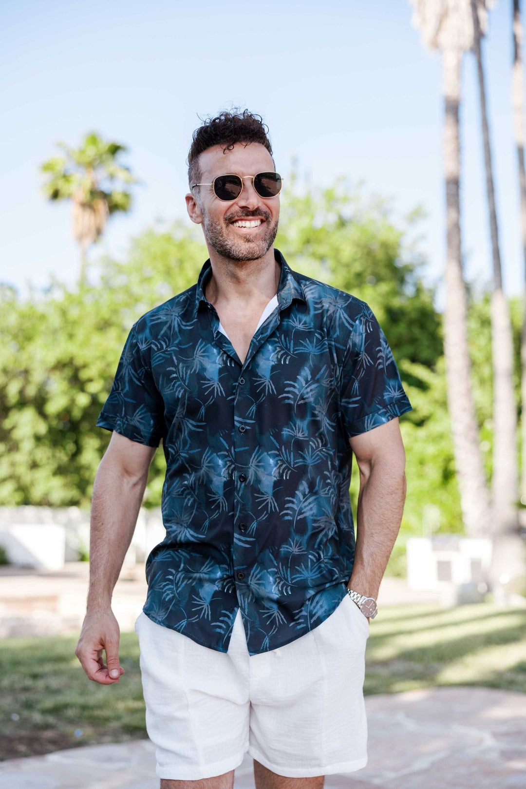 Men’s Navy Palm Short Sleeve Stretch Shirt - Especially Yours