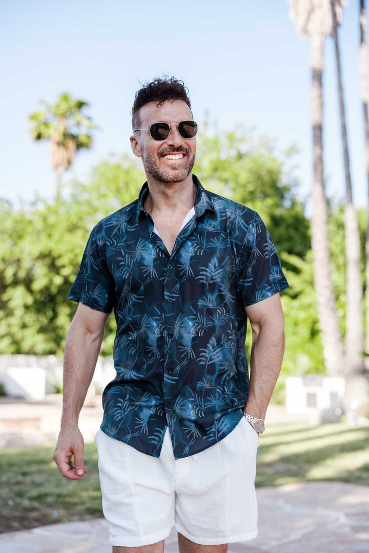 Men’s Navy Palm Short Sleeve Stretch Shirt - Especially Yours
