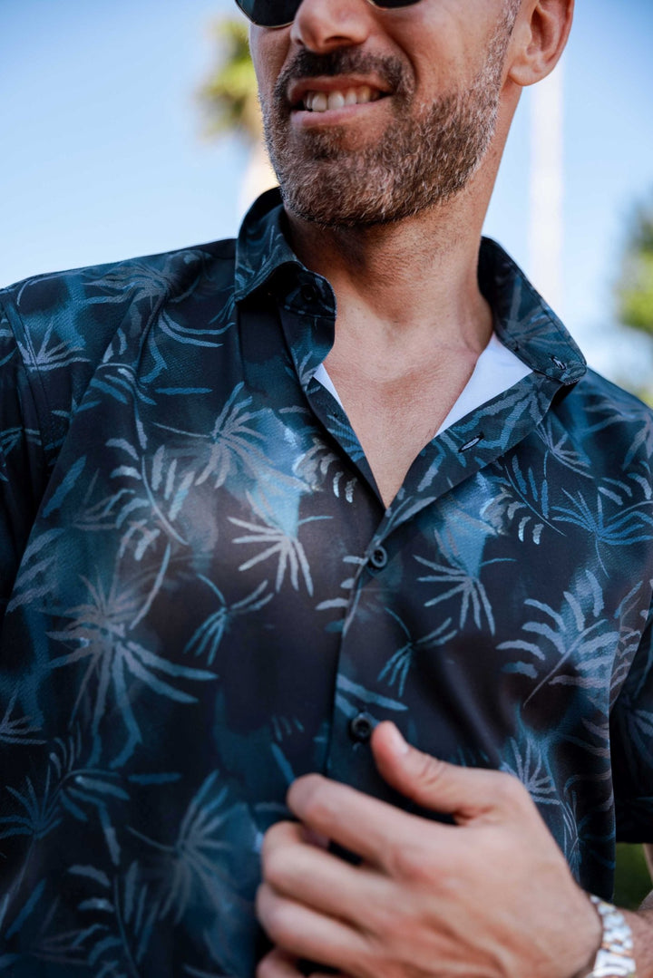 Men’s Navy Palm Short Sleeve Stretch Shirt - Especially Yours