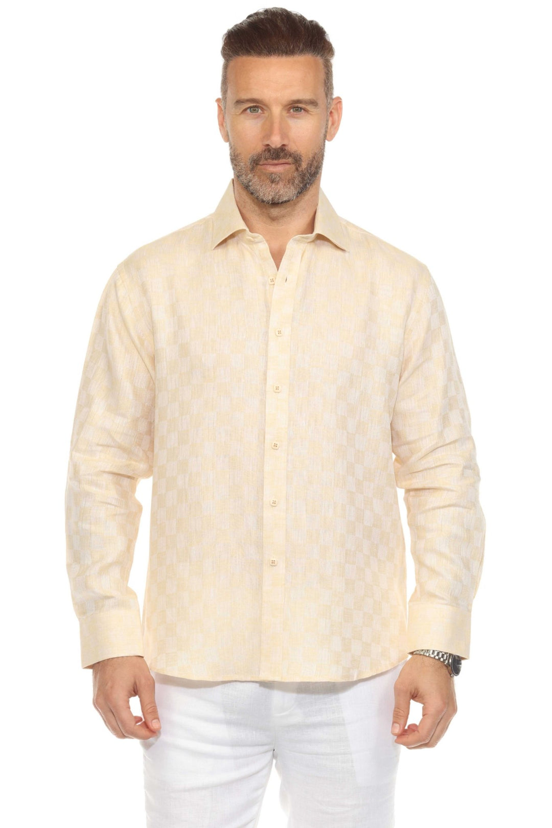 Men’s 100% Linen Long Sleeve Beige Checkered Button - Down Shirt - Especially Yours