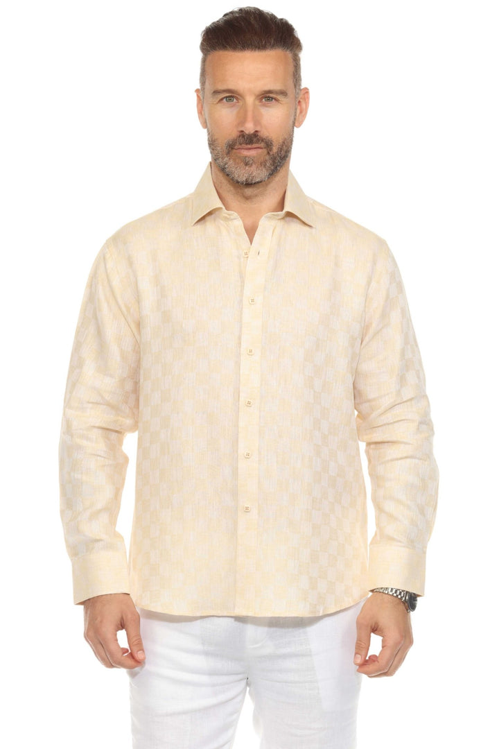 Men’s 100% Linen Long Sleeve Beige Checkered Button - Down Shirt - Especially Yours