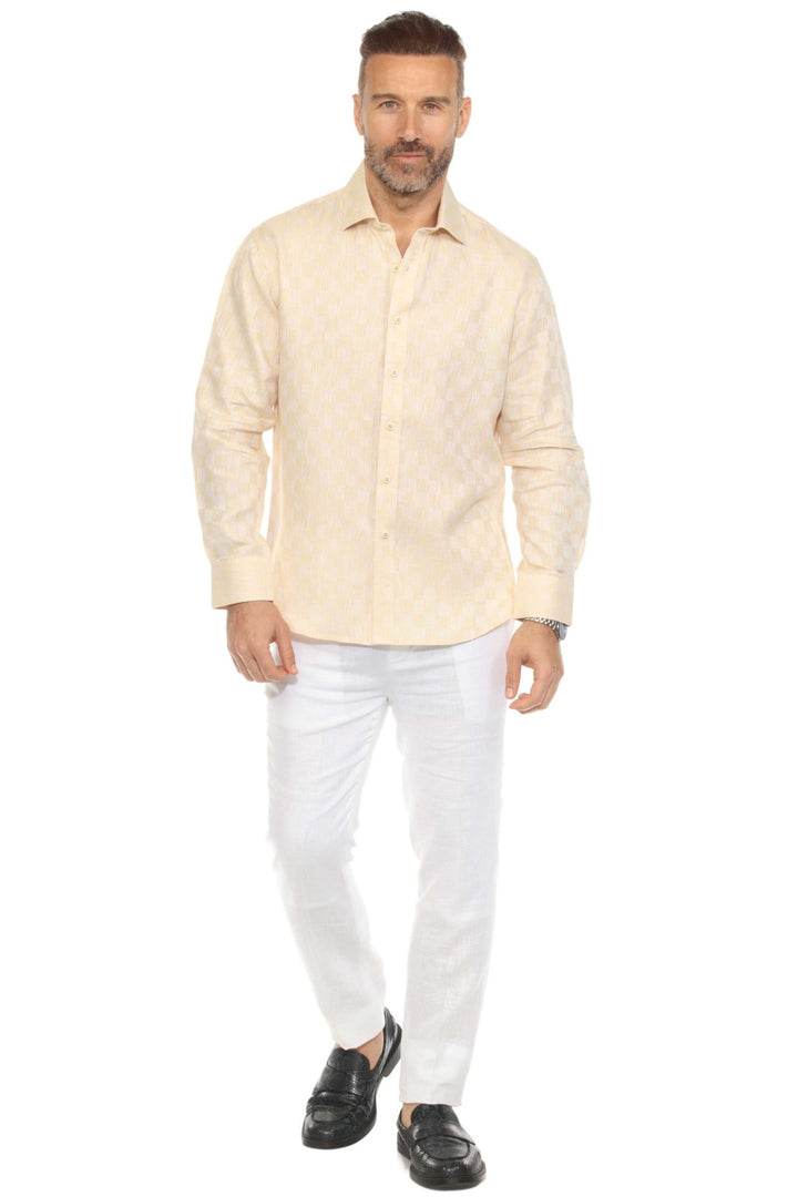 Men’s 100% Linen Long Sleeve Beige Checkered Button - Down Shirt - Especially Yours
