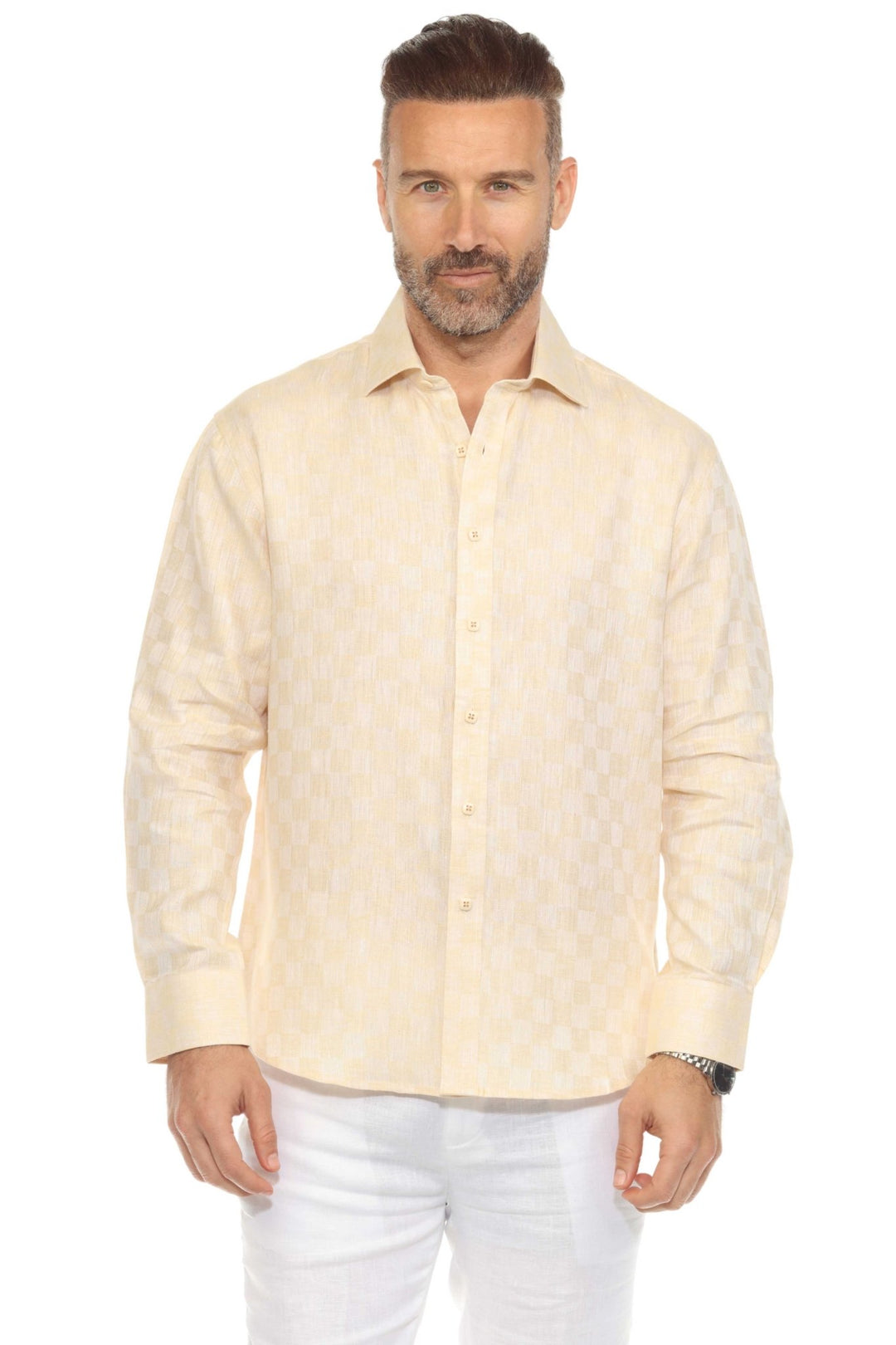 Men’s 100% Linen Long Sleeve Beige Checkered Button - Down Shirt - Especially Yours