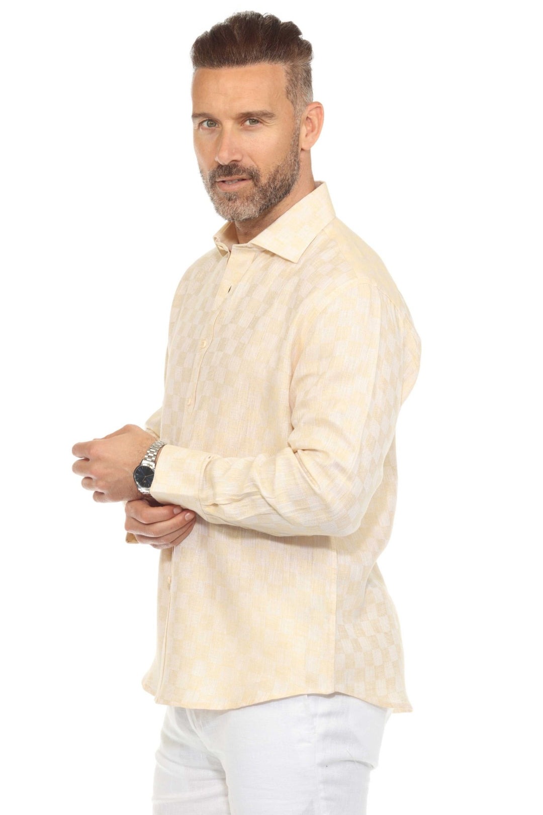 Men’s 100% Linen Long Sleeve Beige Checkered Button - Down Shirt - Especially Yours
