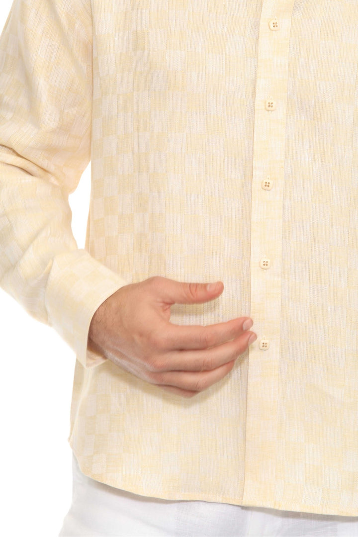 Men’s 100% Linen Long Sleeve Beige Checkered Button - Down Shirt - Especially Yours