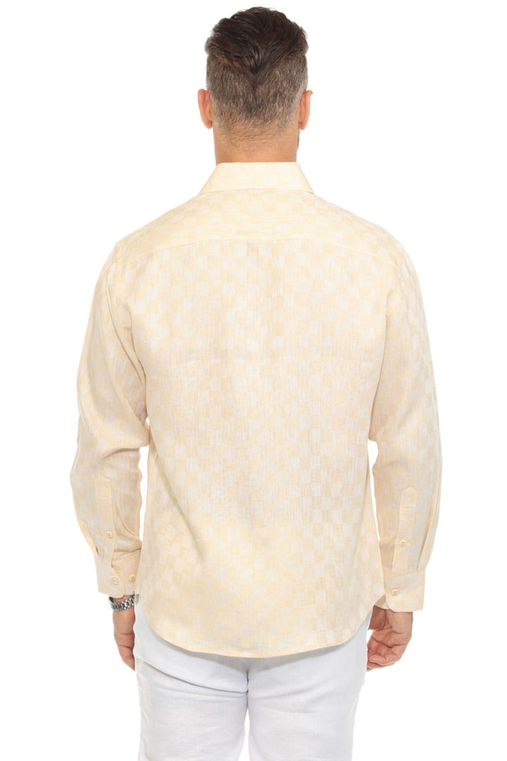 Men’s 100% Linen Long Sleeve Beige Checkered Button - Down Shirt - Especially Yours
