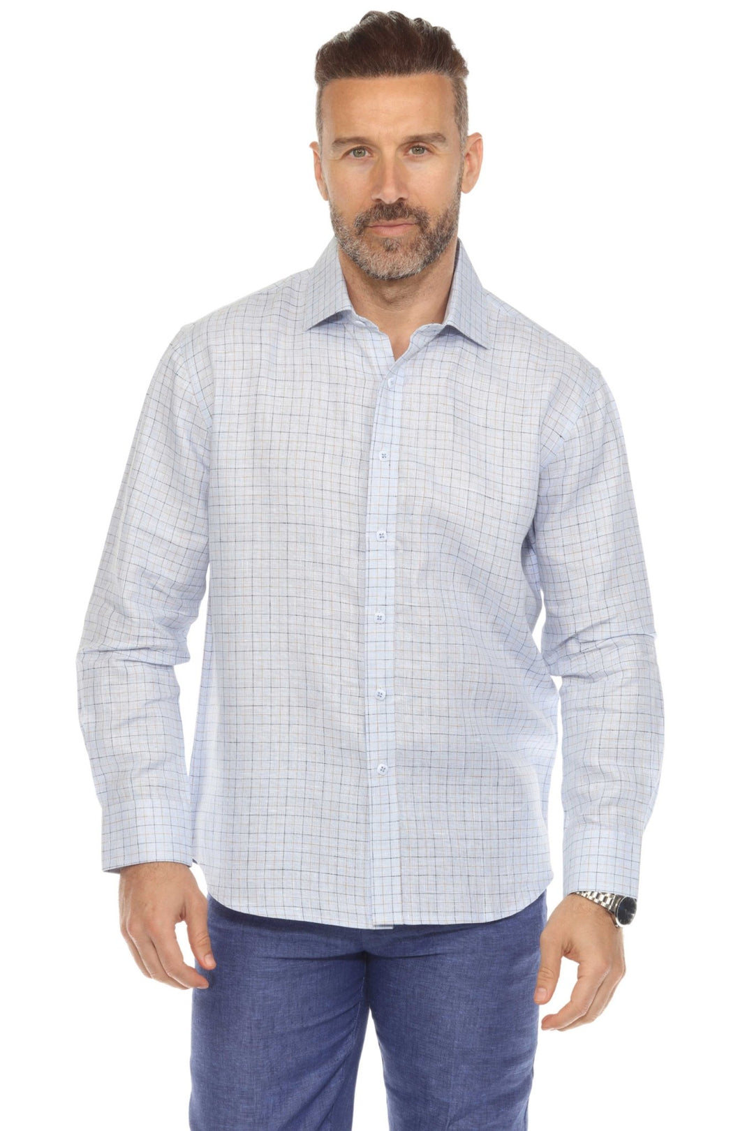 Men’s 100% Linen Long Sleeve Blue Checkered Button - Down Shirt - Especially Yours
