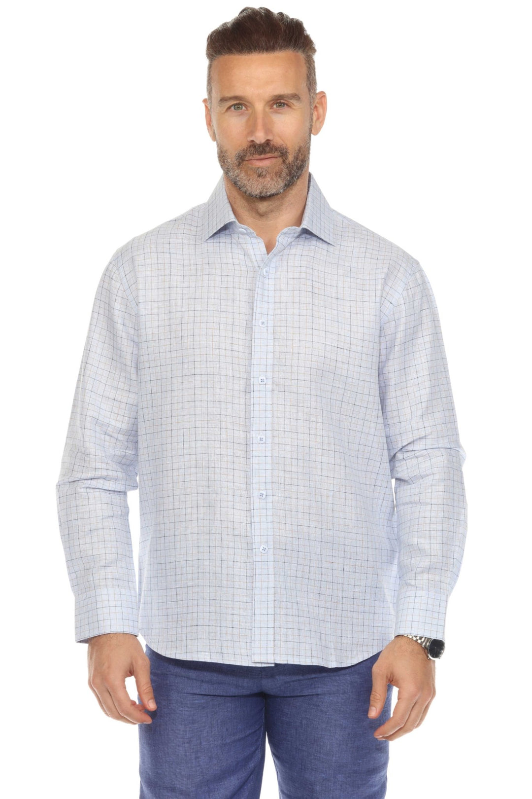 Men’s 100% Linen Long Sleeve Blue Checkered Button - Down Shirt - Especially Yours