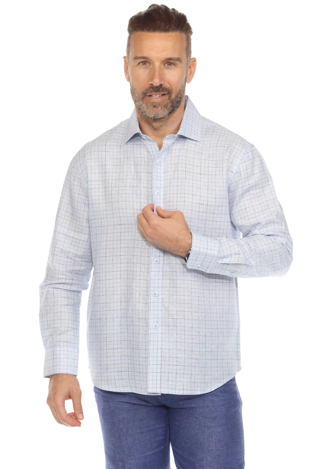 Men’s 100% Linen Long Sleeve Blue Checkered Button - Down Shirt - Especially Yours