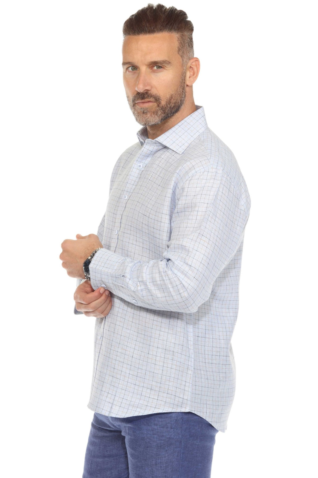Men’s 100% Linen Long Sleeve Blue Checkered Button - Down Shirt - Especially Yours