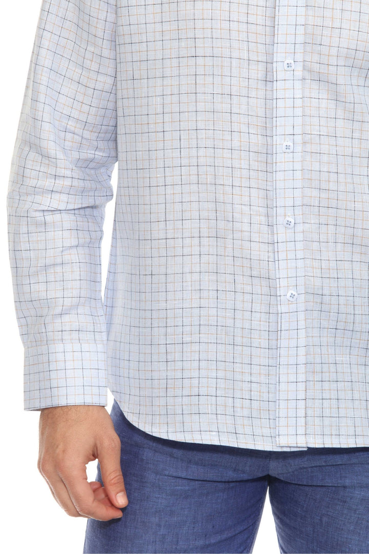 Men’s 100% Linen Long Sleeve Blue Checkered Button - Down Shirt - Especially Yours