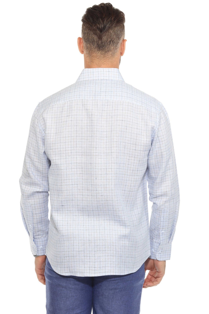 Men’s 100% Linen Long Sleeve Blue Checkered Button - Down Shirt - Especially Yours