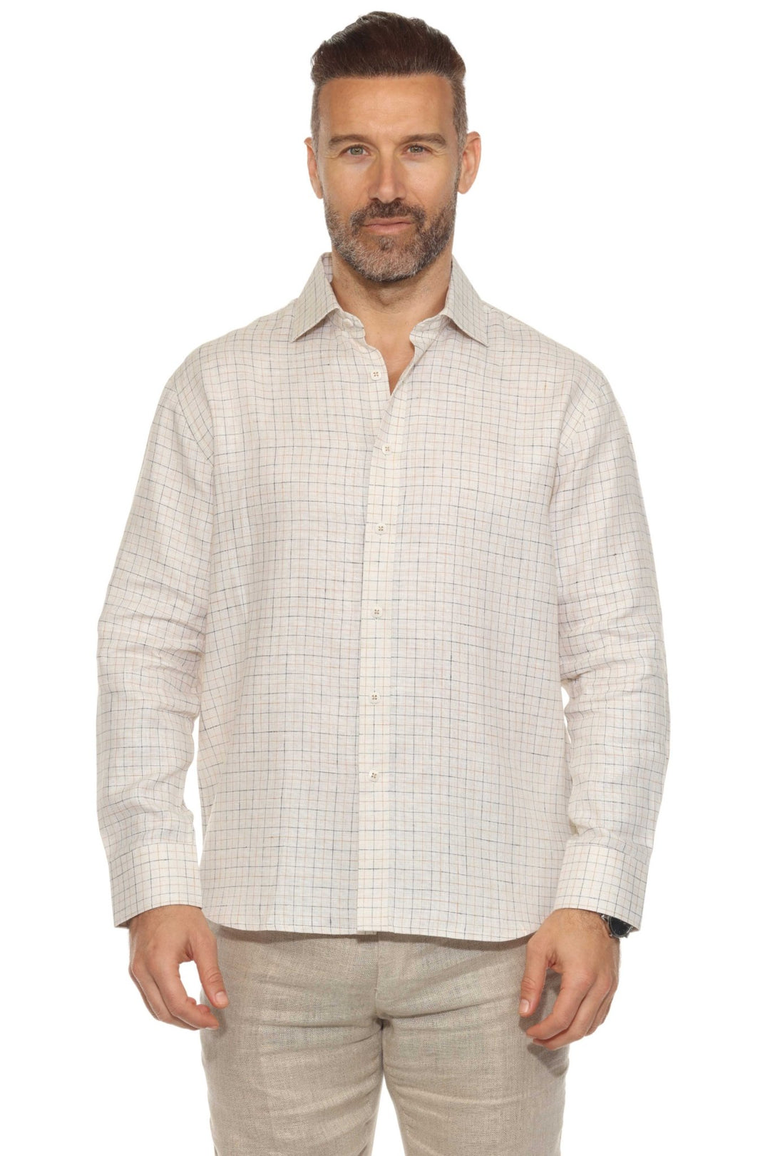 Men’s 100% Linen Long Sleeve Gray Checkered Button - Down Shirt - Especially Yours