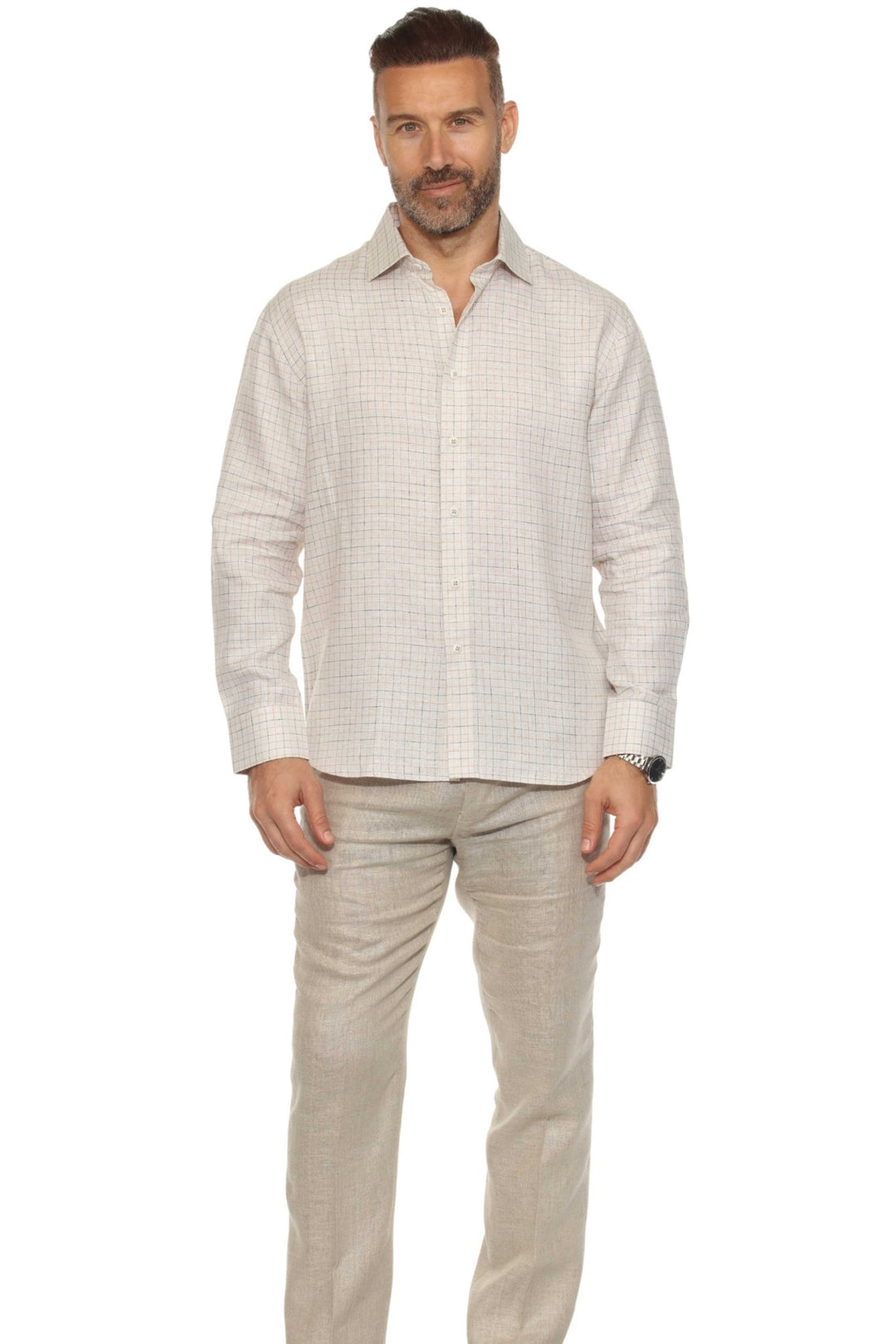 Men’s 100% Linen Long Sleeve Gray Checkered Button - Down Shirt - Especially Yours
