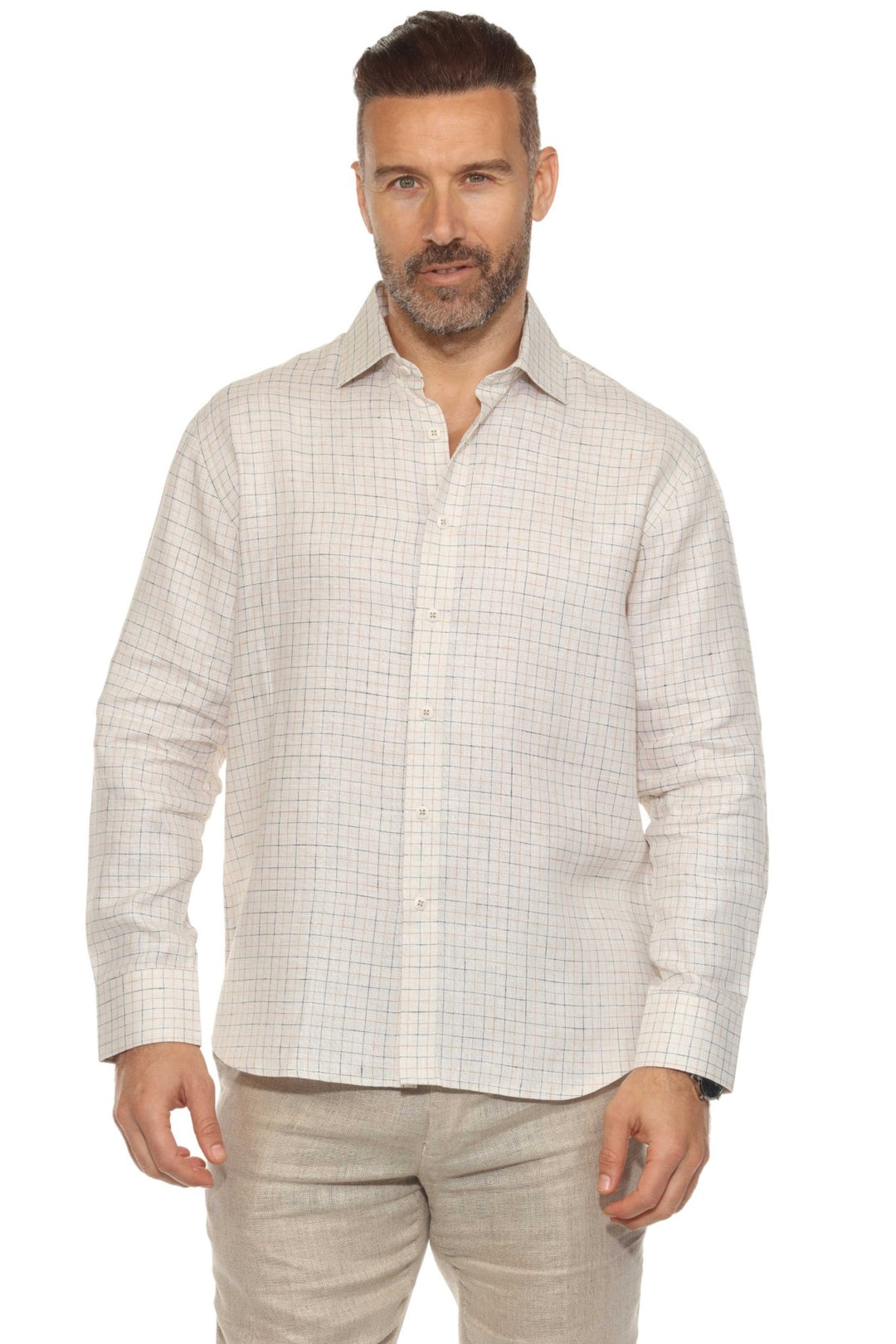 Men’s 100% Linen Long Sleeve Gray Checkered Button - Down Shirt - Especially Yours
