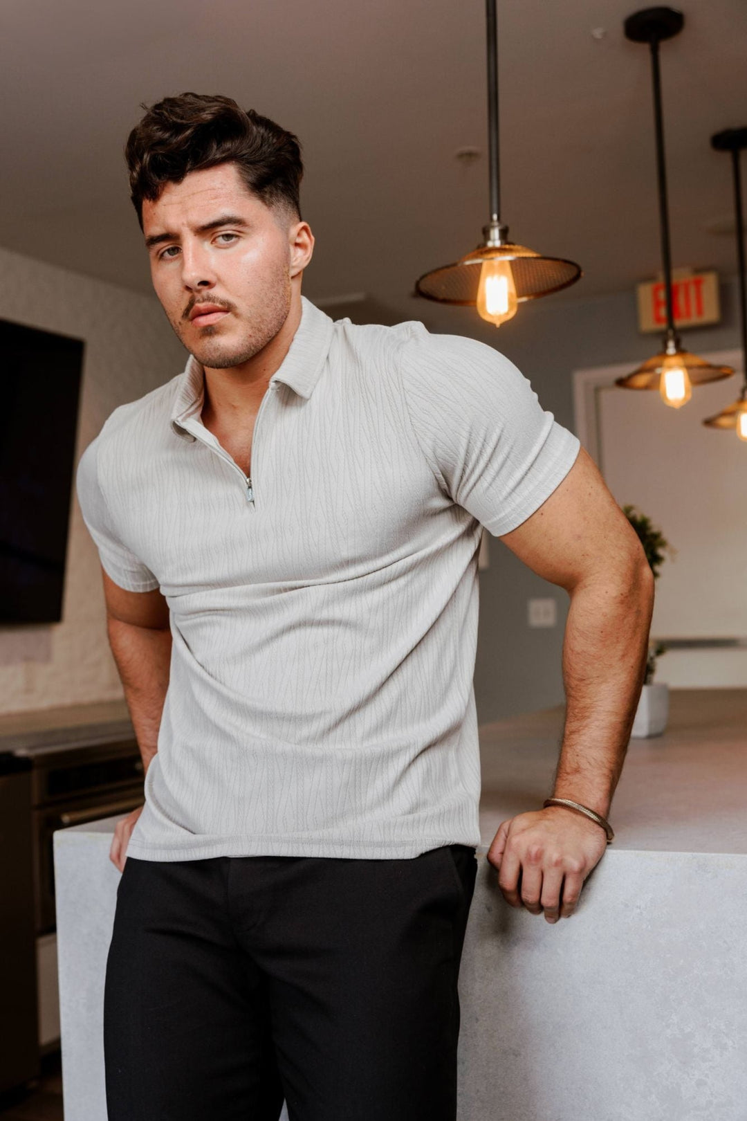 Men's Premium Stylish Polo Shirt with Modern Textured Pattern and Zipper Neckline - Especially Yours