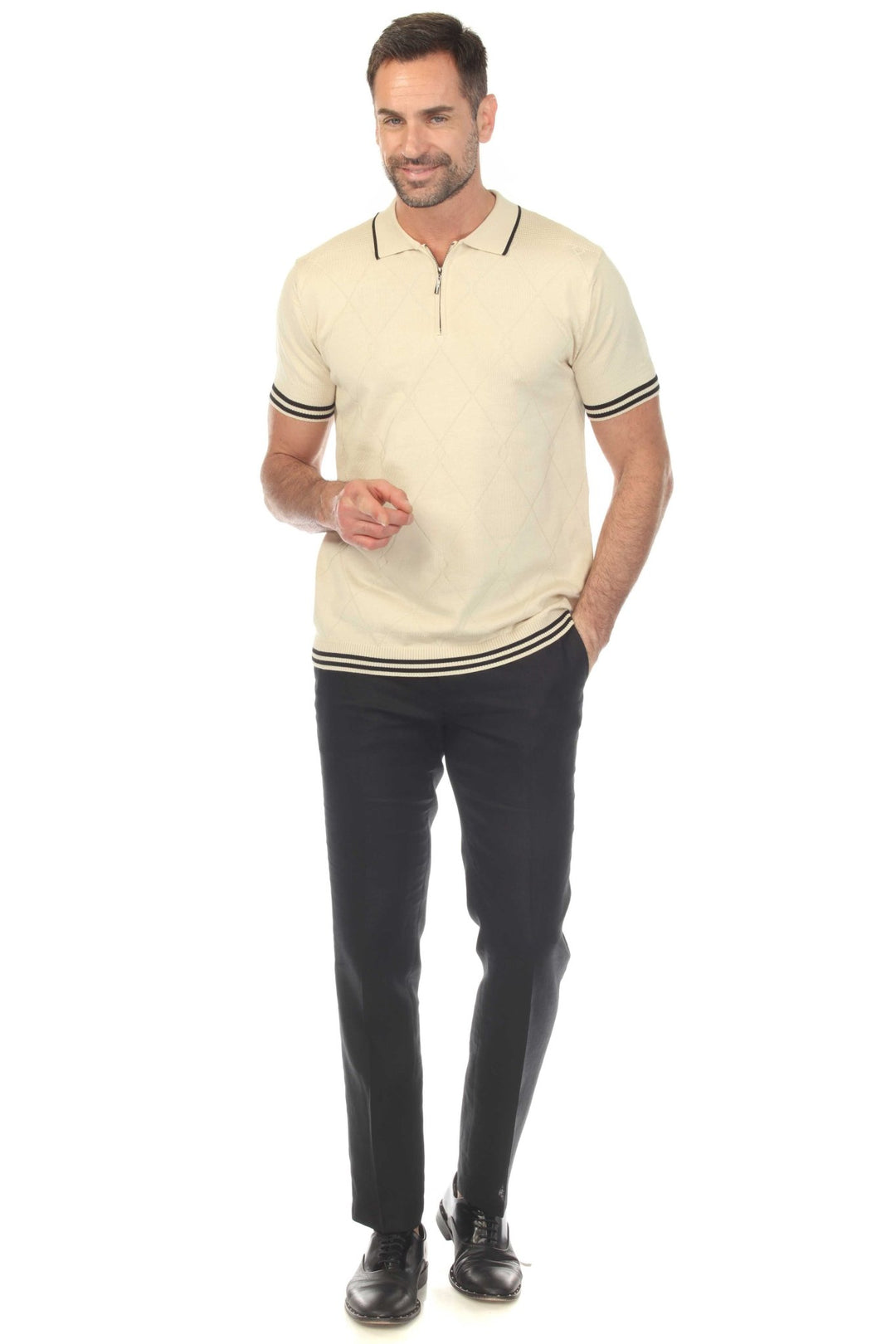 Men's Stylish Premium Knit Textured Polo Shirt with Stripe Accents - Especially Yours