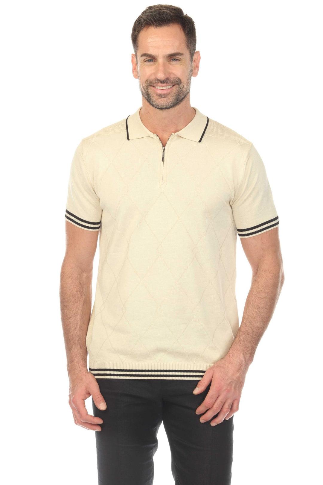 Men's Stylish Premium Knit Textured Polo Shirt with Stripe Accents - Especially Yours