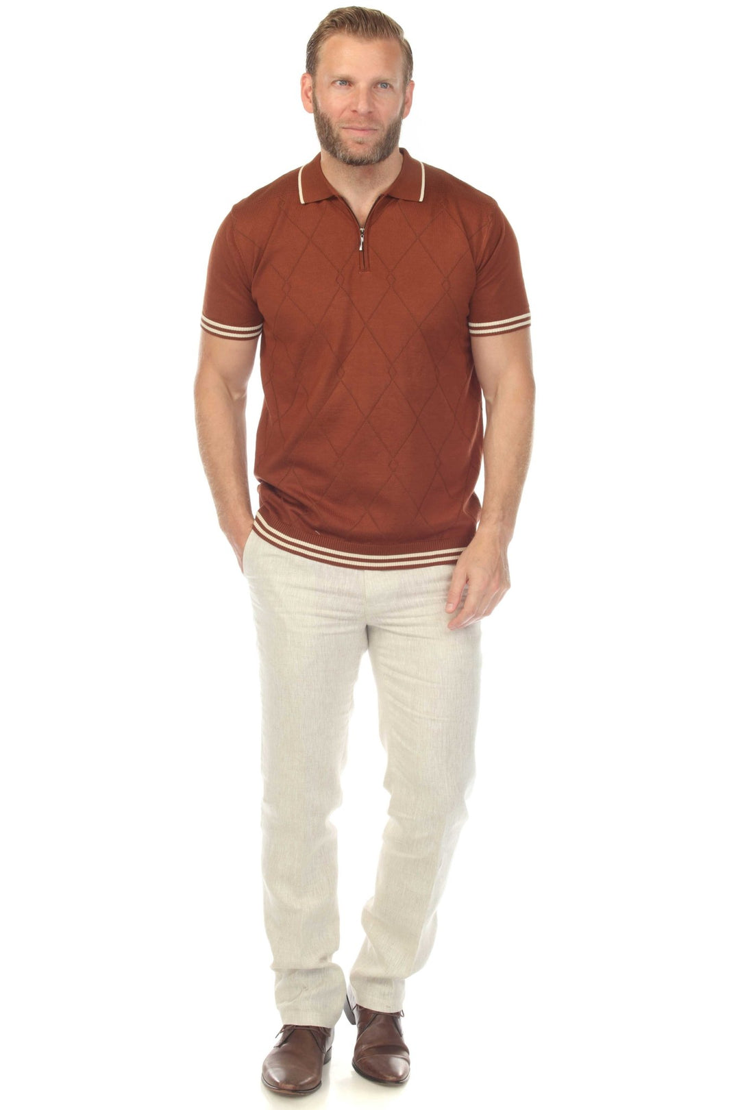 Men's Stylish Premium Knit Textured Polo Shirt with Stripe Accents - Especially Yours
