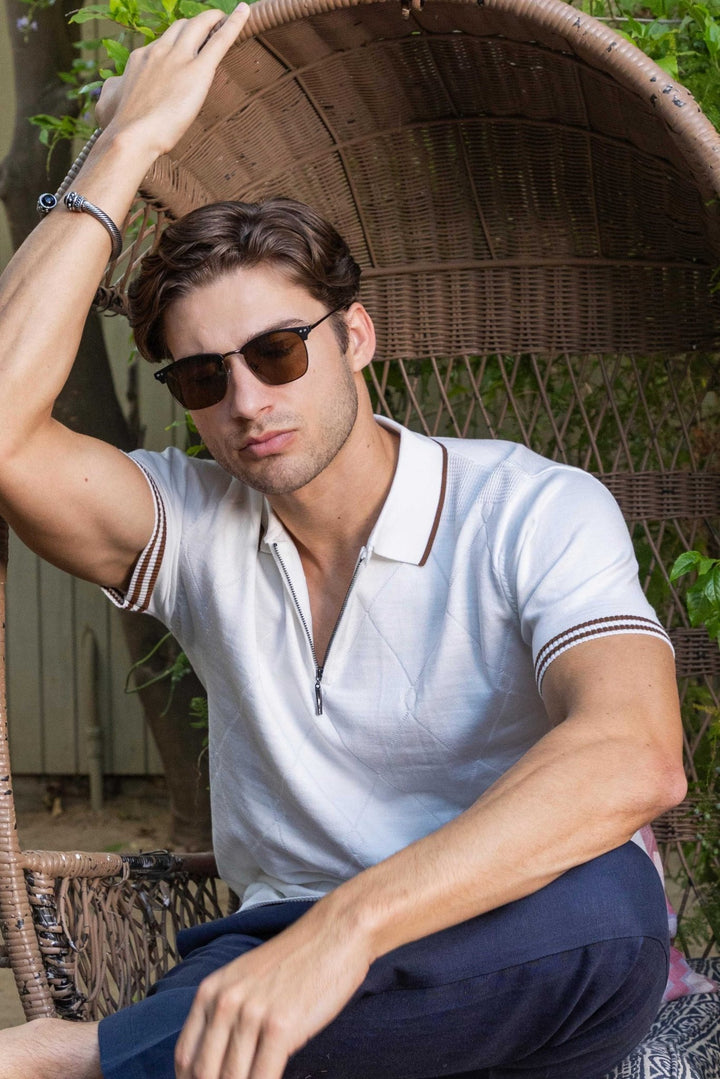 Men's Stylish Premium Knit Textured Polo Shirt with Stripe Accents - Especially Yours