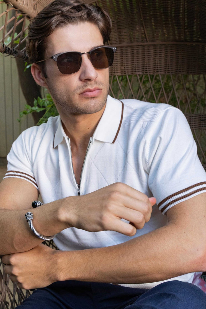 Men's Stylish Premium Knit Textured Polo Shirt with Stripe Accents - Especially Yours