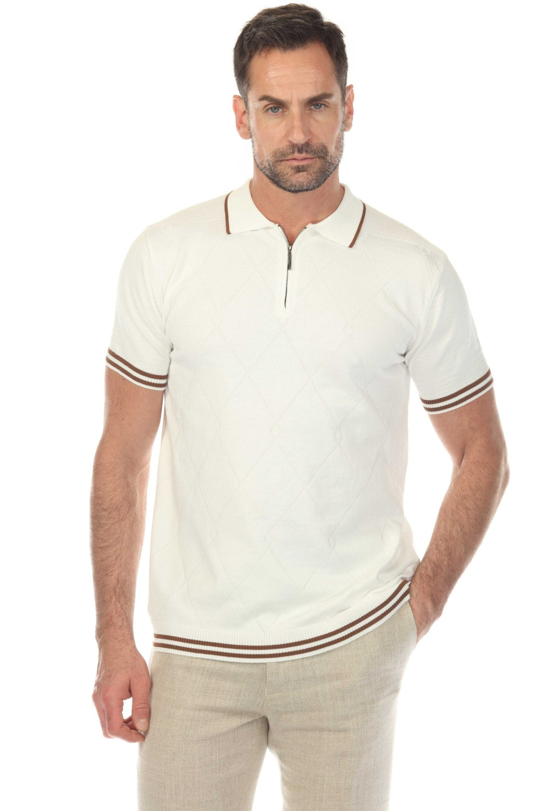 Men's Stylish Premium Knit Textured Polo Shirt with Stripe Accents - Especially Yours