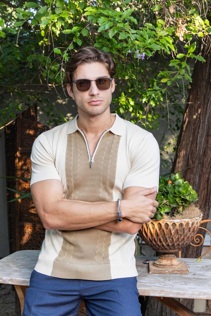 Men's Stylish Premium Knit Textured Polo Shirt with Stripe Accents - Especially Yours