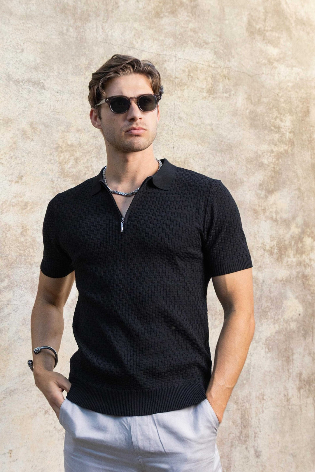 Men's Stylish Premium Knit Textured Polo Shirt with Stripe Accents - Especially Yours
