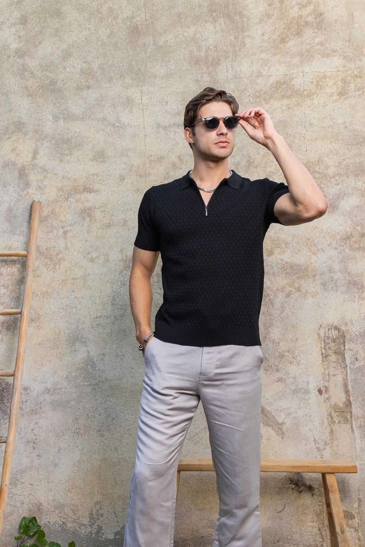 Men's Stylish Premium Knit Textured Polo Shirt with Stripe Accents - Especially Yours