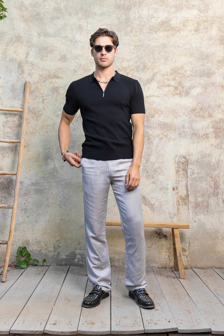 Men's Stylish Premium Knit Textured Polo Shirt with Stripe Accents - Especially Yours