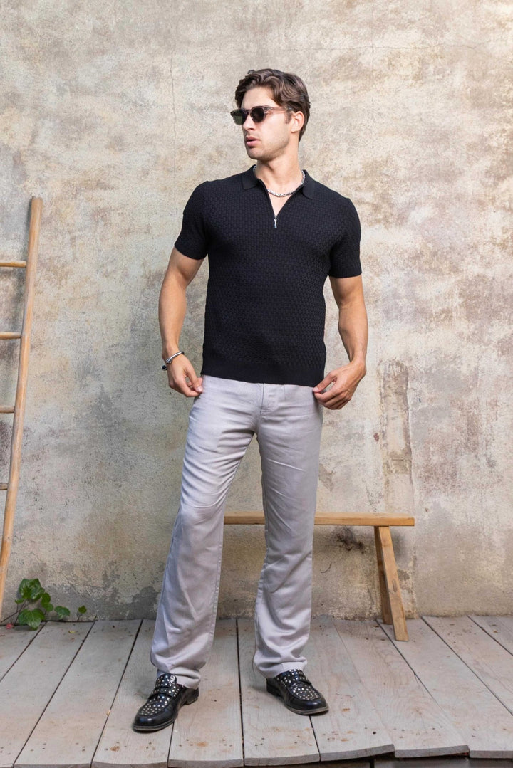 Men's Stylish Premium Knit Textured Polo Shirt with Stripe Accents - Especially Yours